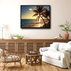 Tropical Palm Tree Beach Sunset Canvas Print, Golden Ocean Coastal Horizontal Wall Art