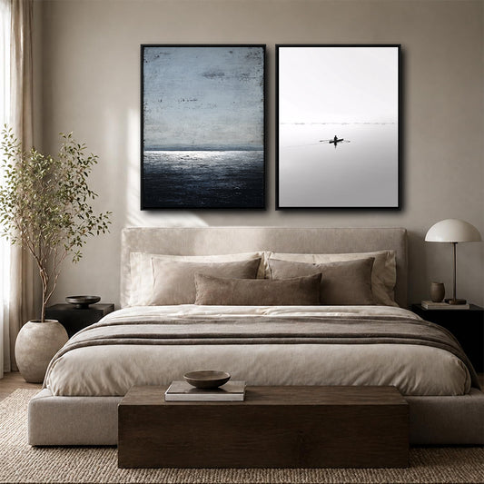 2 Piece Calm Sea Horizon Rowing Man Silhouette Canvas Prints Muted Tone Nordic Coastal Abstract Wall Art
