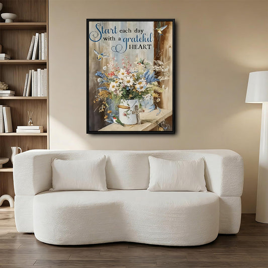 Rustic Motivational Wall Decor, Wild Daisies Wildflowers Bucket Hummingbird “Start Each Day With A Grateful Heart” Canvas Art, Vertical Country Farmhouse Religious Floral Artwork
