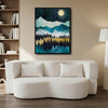 Boho Mountain Forest Night Canvas Wall Art, Full Moon Starry Sky Landscape Print, Teal Gold Abstract Nature Wall Decor for Living Room Bedroom