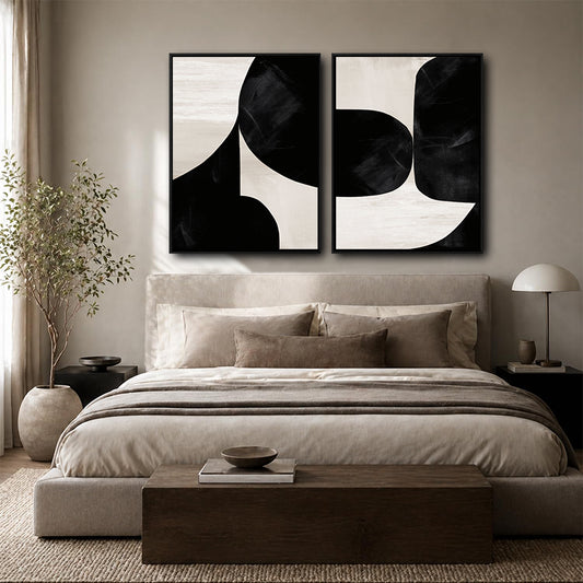 Set of 2 Black & Off White Textured Abstract Neutral Canvas Wall Art