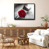 Valentine Single Red Rose Canvas Wall Art, Selective Color Red Rose on Rustic Grey Wooden Plank Framed Canvas Print, Romantic Farmhouse Bedroom Decor
