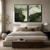 2 Piece Muted Dark Emerald Green Gold Line Abstract Canvas Prints Modern Organic Fluid Ink Neutral Wall Art