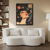 Retro Cosmic Pin Up Woman Canvas Print, Vintage Galaxy Planet Red Lips Surreal Pop Wall Art