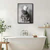 Black White Tabby Cat With Toilet Paper Roll On Head Canvas Wall Art Funny Animal Bathroom Wall Decor For Cat Lovers