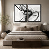 Set of 2 Black Ink Flow Abstract Canvas Wall Art Minimalist Translucent Ribbon Line Framed Wall Decor Living Room Bedroom