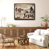 Farmhouse Christian Canvas Wall Art, Coffee & Jesus Quote Vintage Wooden Plank Poster, Coffee Bar Religious Sign