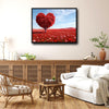 Valentine Red Heart‑Shaped Tree Canvas Wall Art, Romantic Heart Tree in Red Wildflower Field Framed Canvas Print, Love Theme Living Room Bedroom Wall Decor
