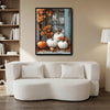 Farmhouse Halloween White Pumpkin Canvas Print, Rustic Blue Window Autumn Maple Leaves Fall Wall Art