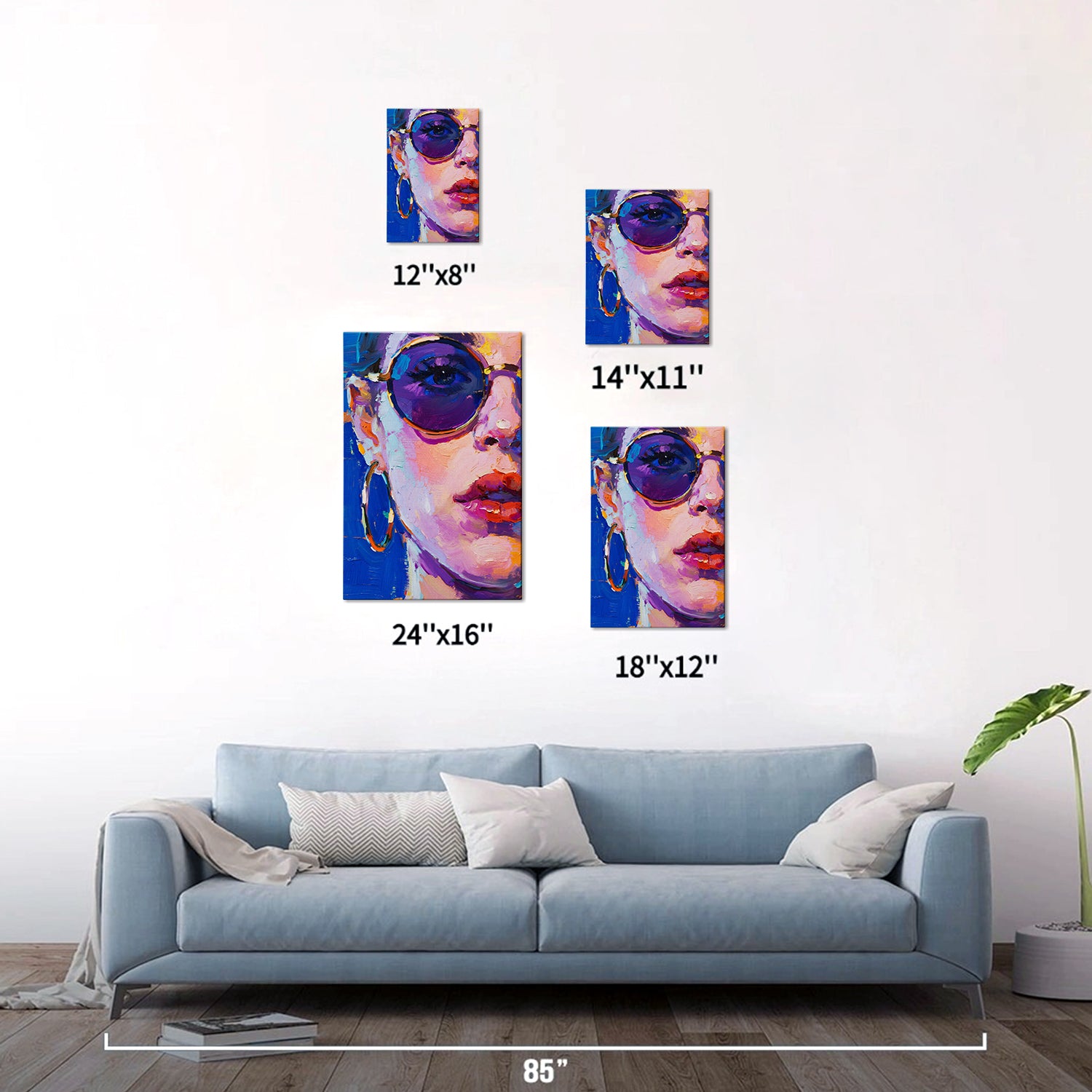 different size wall art painting depicts woman wearing round sunglasses and large hoop earrings