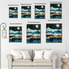 Boho Mountain Forest Night Canvas Wall Art, Full Moon Starry Sky Landscape Print, Teal Gold Abstract Nature Wall Decor for Living Room Bedroom
