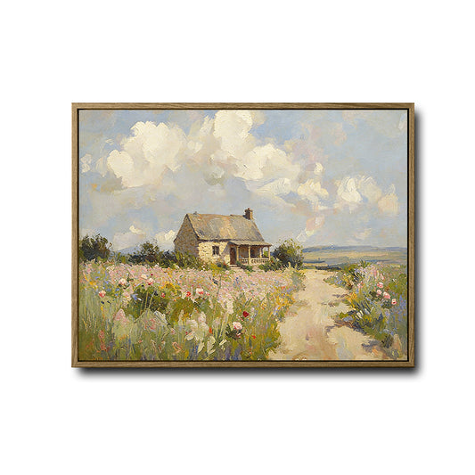 Vintage Country Cottage Wildflower Landscape Canvas Wall Art | Antique Farmhouse Oil Painting Print for Home Decor