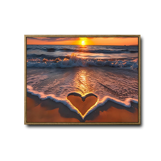 Heart Sand Beach Sunset Canvas, Romantic Coastal Seaside Wall Decor