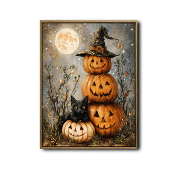 Halloween Black Cat Stacked Pumpkin Canvas Print, Witch Hat Jack O Lantern Full Moon Vintage Fall Wall Art