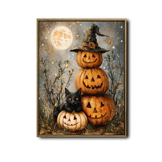 Halloween Black Cat Stacked Pumpkin Canvas Print, Witch Hat Jack O Lantern Full Moon Vintage Fall Wall Art