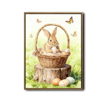 Watercolor Bunny Basket Easter Eggs Butterfly Tree Stump Canvas Wall Art