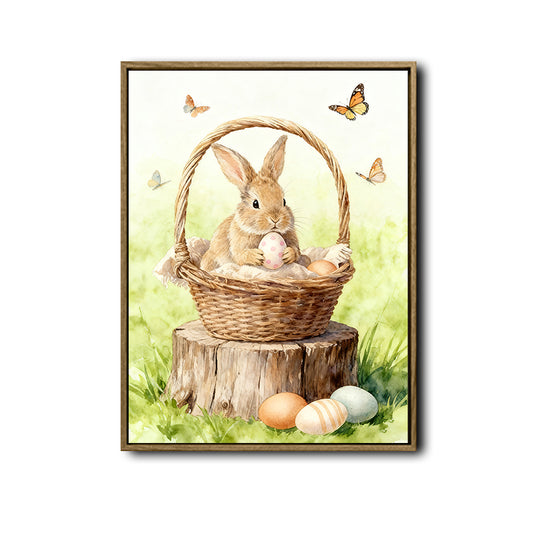 Watercolor Bunny Basket Easter Eggs Butterfly Tree Stump Canvas Wall Art