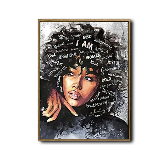 I Am African Woman Canvas Wall Art, Inspirational Afro Black Woman Positive Affirmation Portrait Painting, Motivational Black Girl Magic Wall Decor