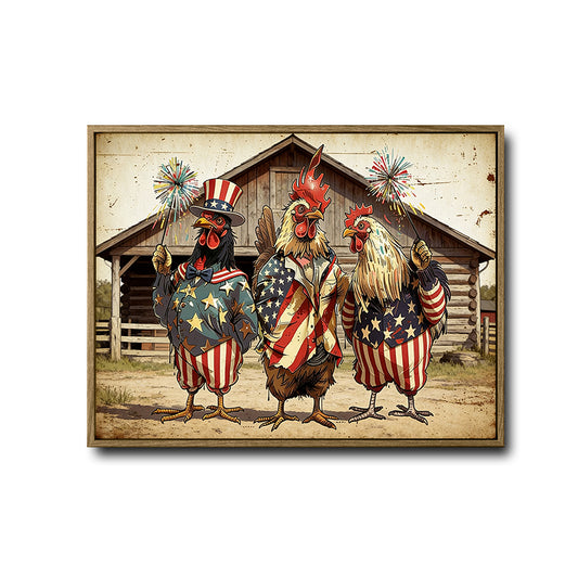 Patriotic Farm Roosters Wall Art, 4th of July American Flag Chicken Canvas Print, Vintage Farmhouse Independence Day Decor