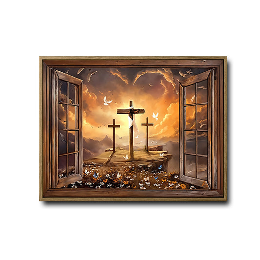 Vintage Christian Cross Wall Print, Open Wooden Window Sunset Mountain Dove Faith Inspirational Home Decor