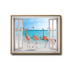 Open White French Window Flamingo Beach Canvas Wall Art, Tropical Ocean Seaside Flamingo Fake Window Horizontal Print, Coastal Beach House Summer Wall Decor