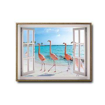 Open White French Window Flamingo Beach Canvas Wall Art, Tropical Ocean Seaside Flamingo Fake Window Horizontal Print, Coastal Beach House Summer Wall Decor