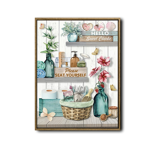 Rustic Bathroom Quote Wall Print, Please Seat Yourself Floral Shelf Art, Farmhouse Restroom Home Canvas Decor