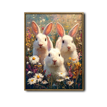 Three Bunnies Floral Meadow Canvas Art