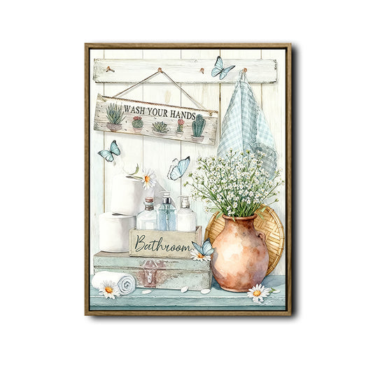 Watercolor Farmhouse Bathroom Canvas Poster, Vintage Bath Essentials Floral Butterfly Artwork for Guest Bathroom Wall Decor