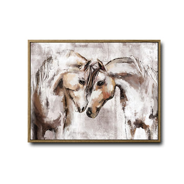 Farmhouse Western Wall Decor, Loving Pair of White Horses Abstract Impasto Painting, Distressed Neutral Grey Brown Background Horizontal Canvas Art, Equine Animal Artwork for Living Room