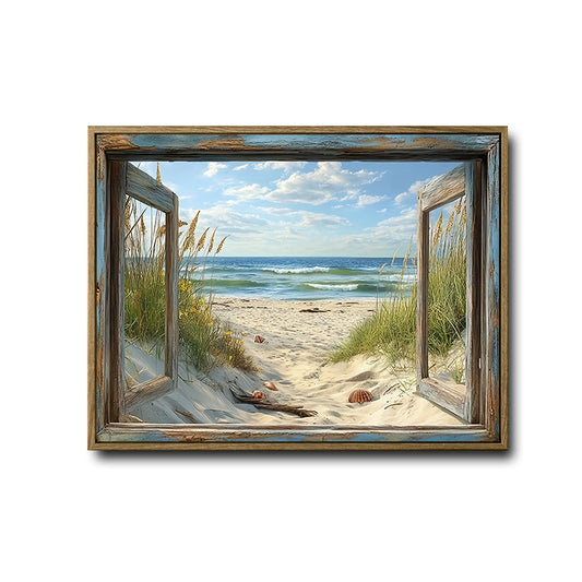 Rustic Window Beach Dunes Canvas Print, Coastal Ocean View Horizontal Wall Art