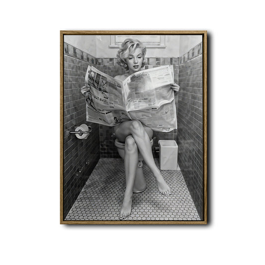 Marilyn Monroe Sitting On Toilet Reading Newspaper Canvas Wall Art, Vintage Black White Funny Bathroom Print, Retro Celebrity Humorous Restroom Wall Decor