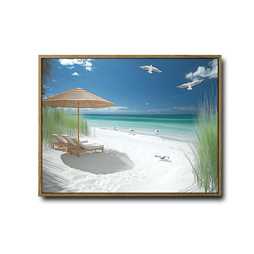 Tropical White Sand Beach Seagull Canvas Print, Turquoise Ocean Coastal Horizontal Wall Art