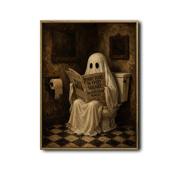 Vintage Funny Ghost Reading Newspaper On Toilet Halloween Framed Wall Art Print