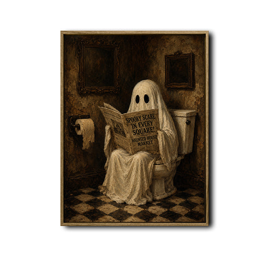 Vintage Funny Ghost Reading Newspaper On Toilet Halloween Framed Wall Art Print