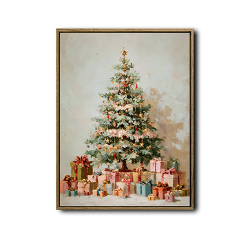 Pastel Christmas Tree & Gifts Framed Wall Art Vintage Oil Painting Print