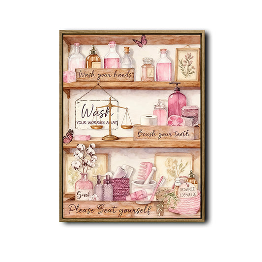 Watercolor Vintage Bathroom Canvas Poster, Pink Tones Bath Shelf Cosmetics & Funny Sayings Artwork for Guest Bathroom Decor
