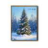 Vintage Christmas Forest Canvas Print, Snow‑Covered Xmas Tree with Ornaments & Santa Sleigh Holiday Wall Art