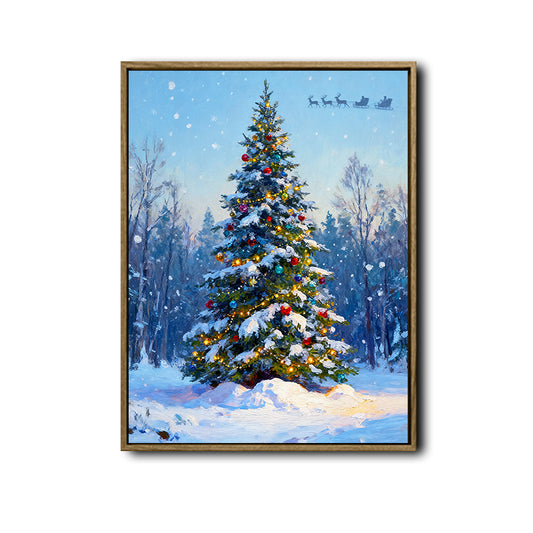 Vintage Christmas Forest Canvas Print, Snow‑Covered Xmas Tree with Ornaments & Santa Sleigh Holiday Wall Art