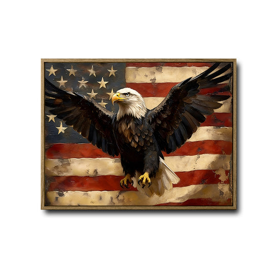 Vintage Bald Eagle American Flag Canvas Wall Art, Retro Distressed USA Flag Patriotic Framed Canvas Print, Farmhouse Man Cave Decor