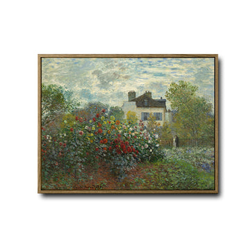 Monet Garden Landscape Framed Canvas Print, Classic Impressionism Colorful Flower Garden House Scenery Painting, Retro Farmhouse Bedroom Office Wall Art