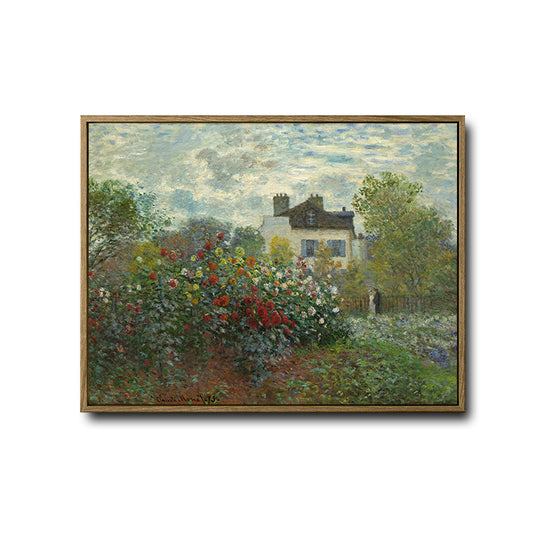 Monet Garden Landscape Framed Canvas Print, Classic Impressionism Colorful Flower Garden House Scenery Painting, Retro Farmhouse Bedroom Office Wall Art