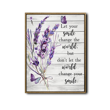 Lavender Butterfly Inspirational Quote Canvas Wall Art, "Let Your Smile Change The World" Rustic Wood Background Floral Print, Farmhouse Motivational Wall Decor