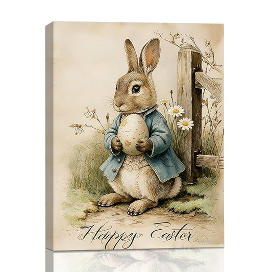 Vintage Happy Easter Bunny Wall Art, Cute Rabbit Holding Decorated Egg Framed Canvas Print, Rustic Farmhouse Spring Decor for Nursery Bedroom Living Room, Light Oak Wooden Frame Retro Easter Wall Decor