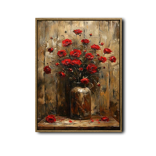 Dark Farmhouse Wall Decor, Vibrant Red Ranunculus Bouquet In Weathered Brown Jug Distressed Rustic Wood Background Vertical Canvas Art, Moody Vintage Floral Still Life Artwork