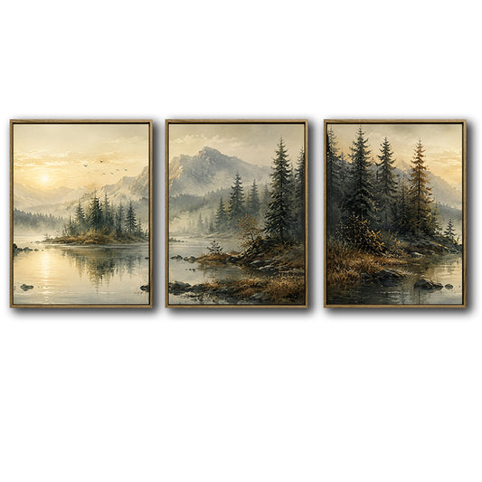 Vintage Mountain Lake Pine Forest Canvas Wall Art Set of 3 Rustic Sunrise Landscape Framed Wall Art Farmhouse Living Room Decor