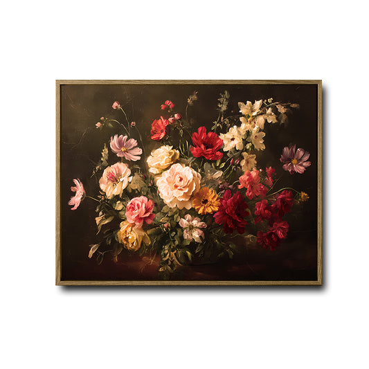 Moody Vintage Floral Canvas Print | Classical Baroque Flower Bouquet Oil Painting Wall Art, Dark Background Botanical Home Decor