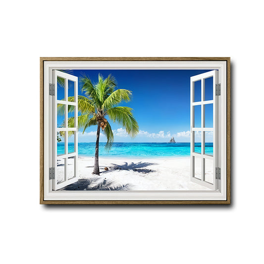Open Window Tropical Beach Canvas Print, Coastal Ocean Horizontal Wall Art