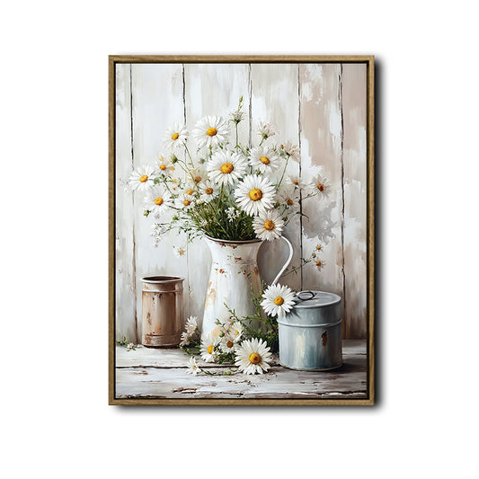 Shabby Chic Country Still Life Wall Decor, White Daisies In Distressed Cream Pitcher With Metal Canisters On Weathered Planks Canvas Art, Vertical Cottage Farmhouse Floral Artwork