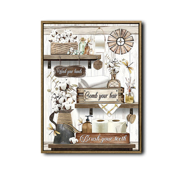 Farmhouse Bathroom Rules Canvas Wall Art, Wash Comb Brush Cotton Windmill Rustic Vertical Print, Country White Wooden Bathroom Decor Sign